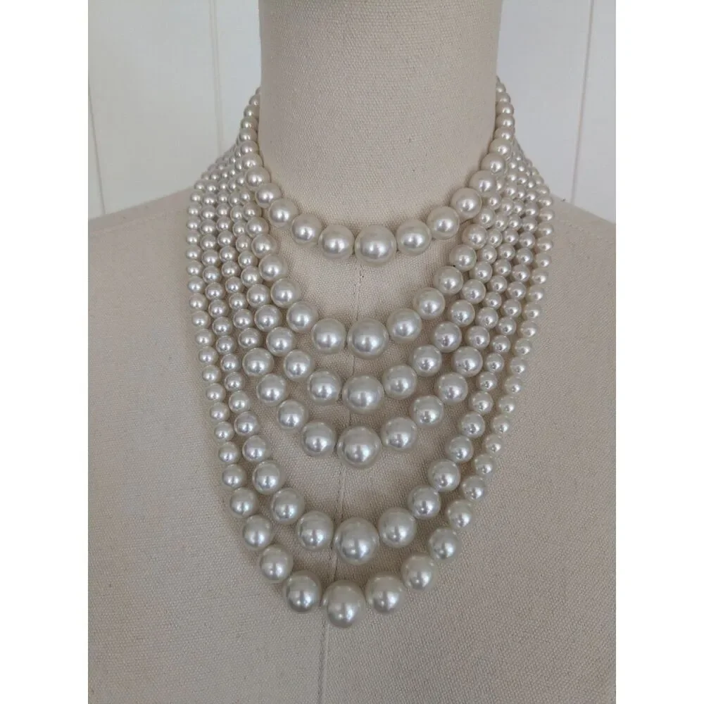 Vintage 6 Strand Faux Pearl Necklace, Cascading, Made in Japan